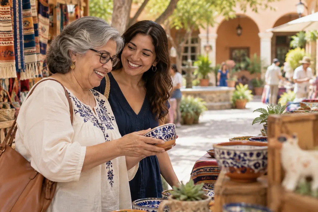 A grandmother and her adult daughter looking at pottery at an outdoor market.
