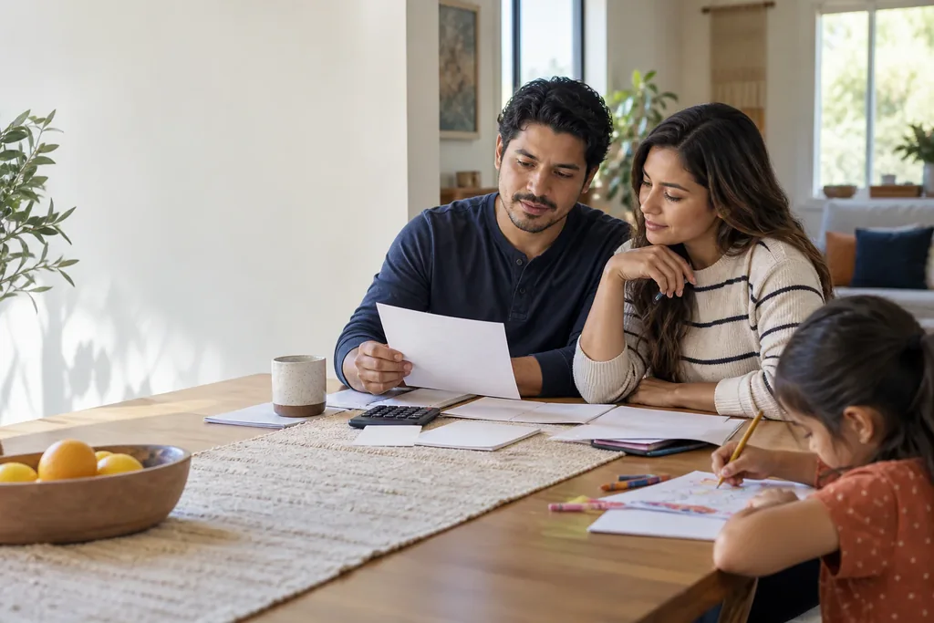 Parents reviewing papers at the kitchen table while their daughter draws.