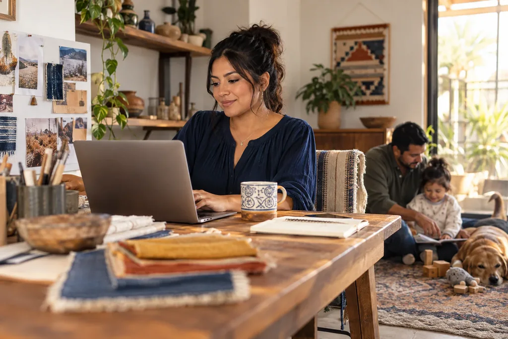 A woman working on a laptop at home while her family plays nearby.