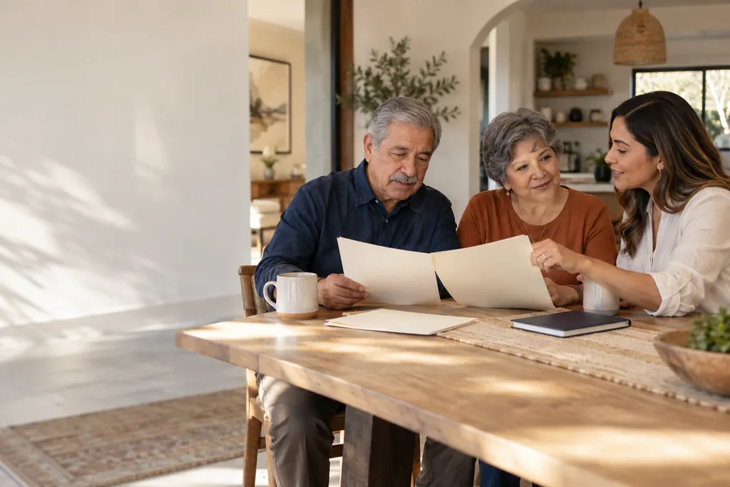 An older couple and their daughter reading documents together at the kitchen table.