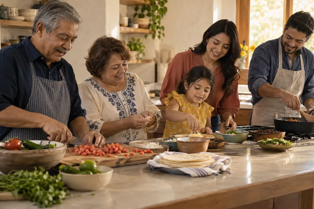 Three generations of a family cooking together in a bright kitchen.