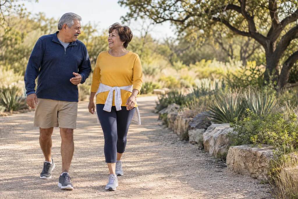 An older couple walking together on a garden path.