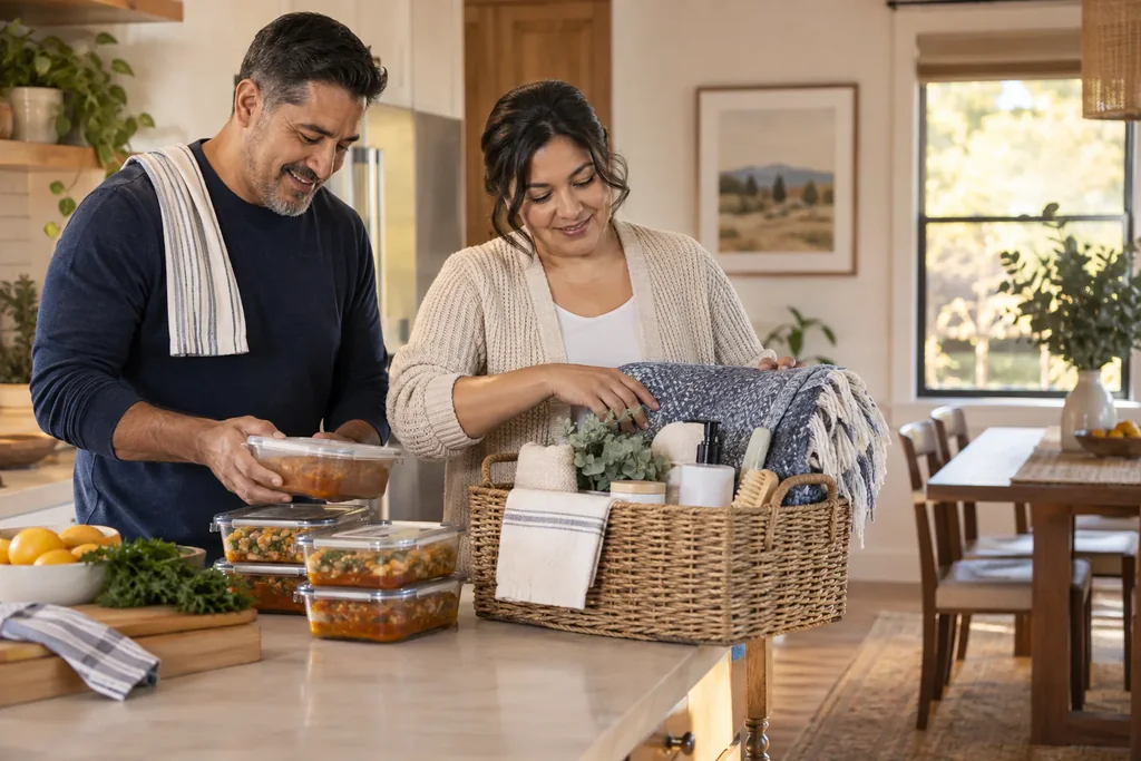 A couple packing homemade meals and supplies into a basket.