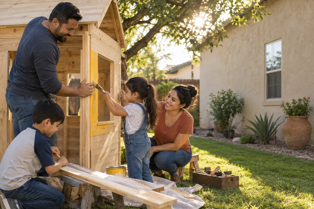 A father and his children building a wooden playhouse in the backyard.