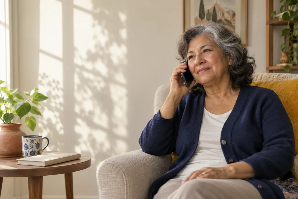 An older woman talking on the phone in a comfortable armchair.