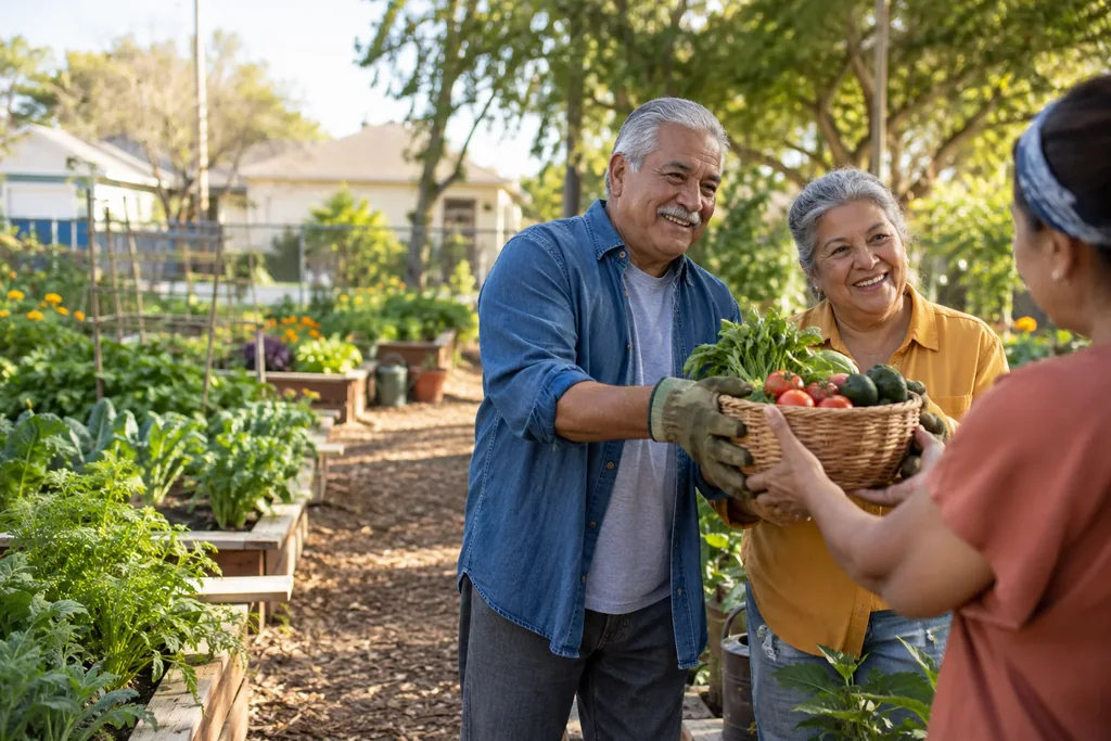 An older couple sharing fresh vegetables from a community garden.