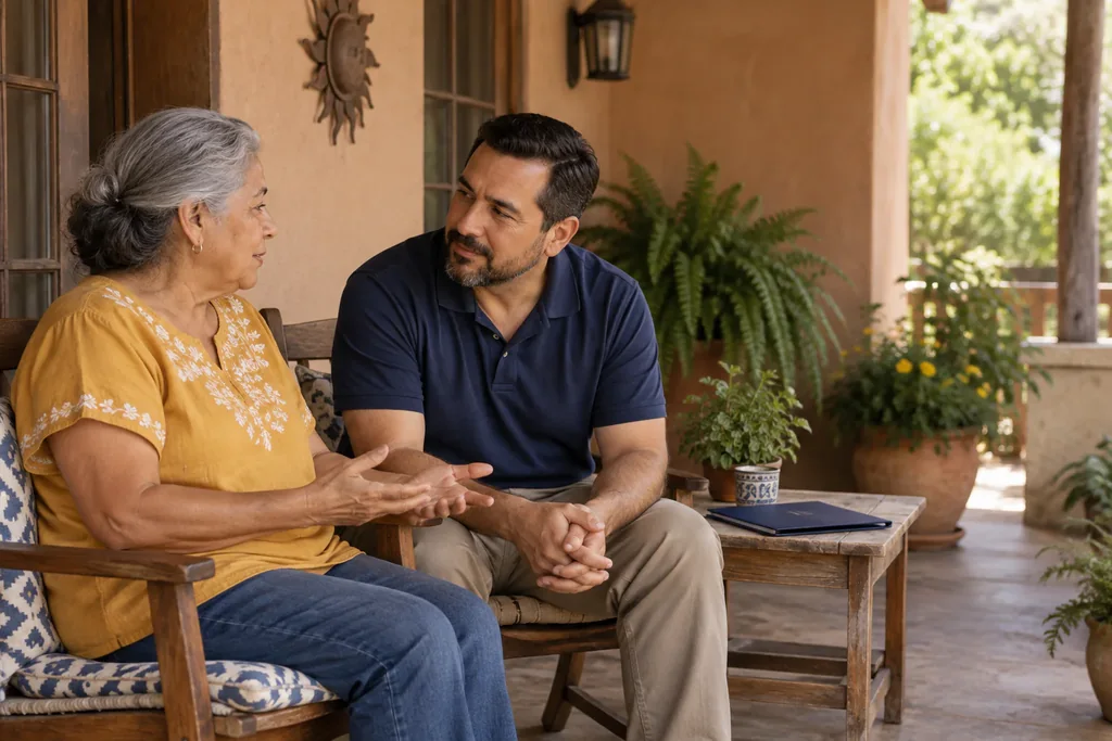 An older woman and a younger man talking on a shaded porch.