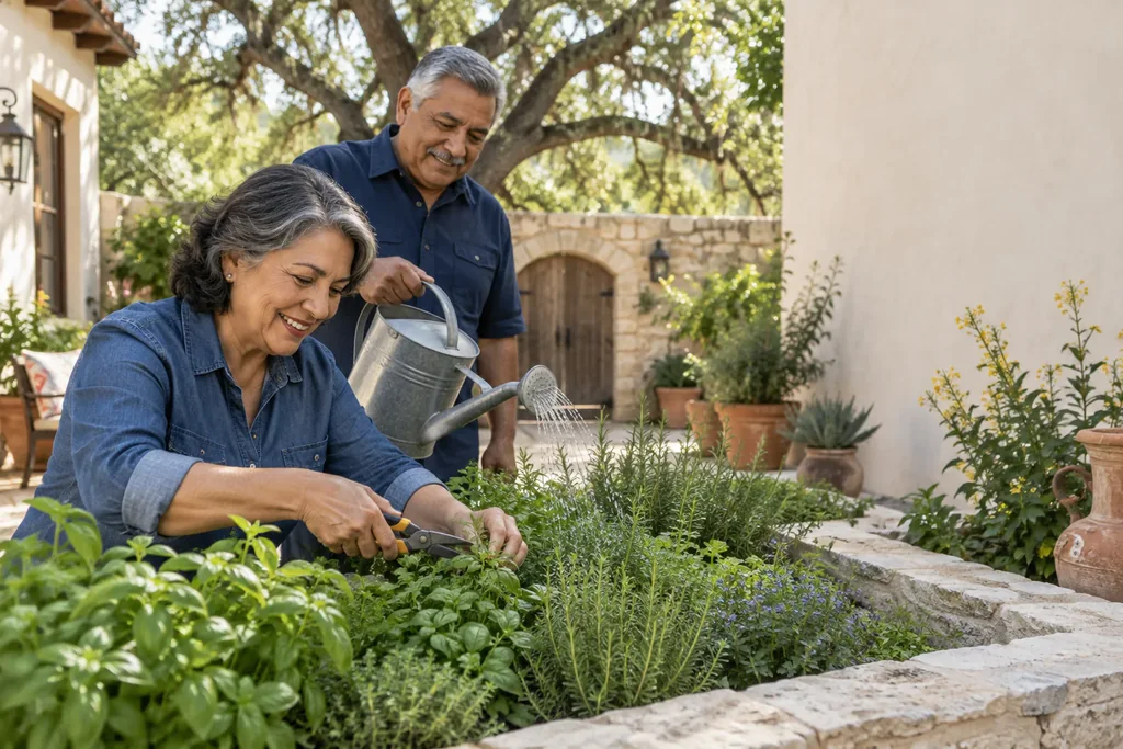 An older couple tending a garden bed outside their home.