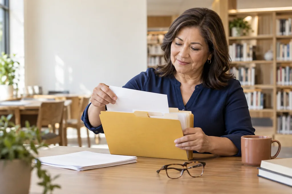 A woman sorting documents into a yellow folder at a table.
